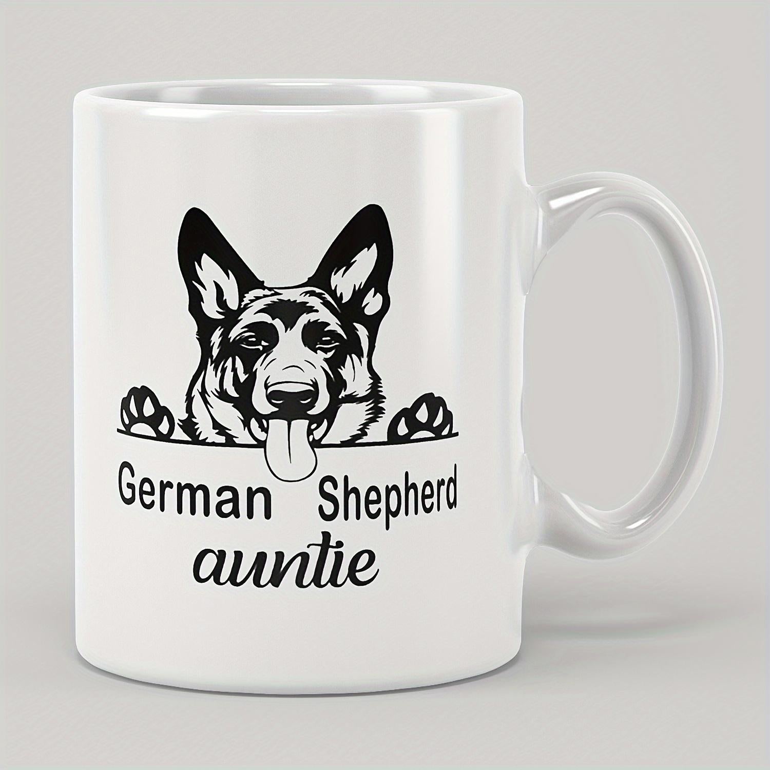 Tailorly White Ceramic 11 oz Mug - German Shepherd Auntie Handcrafted Metal Minimalist Silhouette Of A Peeking Dog With Paws And Tongue German Shepherd