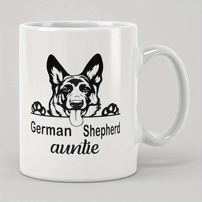 Tailorly White Ceramic 11 oz Mug - German Shepherd Auntie Handcrafted Metal Minimalist Silhouette Of A Peeking Dog With Paws And Tongue German Shepherd