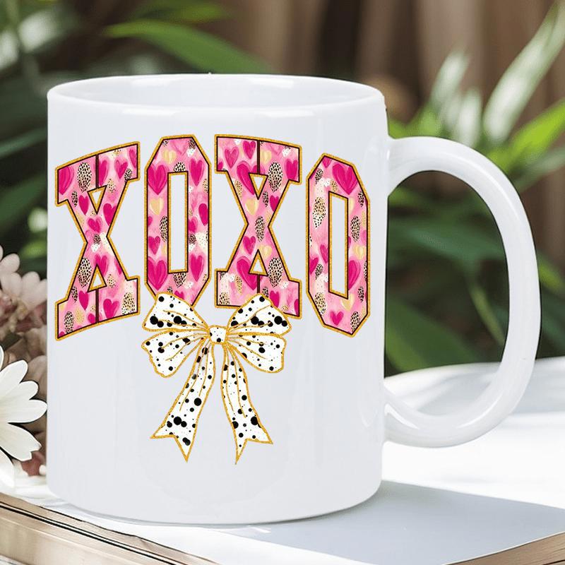 Tailorly White Ceramic 11 oz Mug - Xoxo With Pink Heart Pattern Letters And Spotted Ribbon Decorative Bow