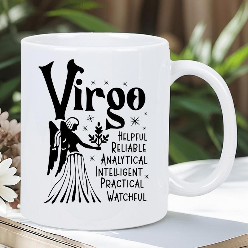 Tailorly White Ceramic 11 oz Mug - Virgo Helpful Reliable Analytical Intelligent Practical Watchful Graceful Celestial Zodiac Silhouette Surrounded By Delicate