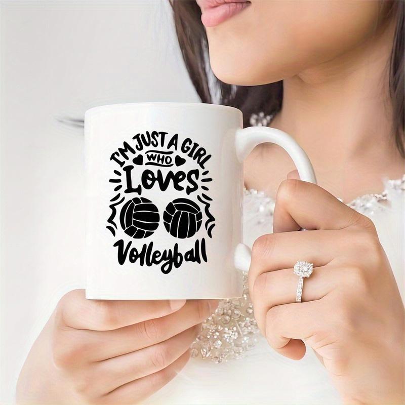 Tailorly White Ceramic 11 oz Mug - Im Just A Girl Who Loves Two Minimalist Sports Balls Surrounded By Decorative Hearts Volleyball