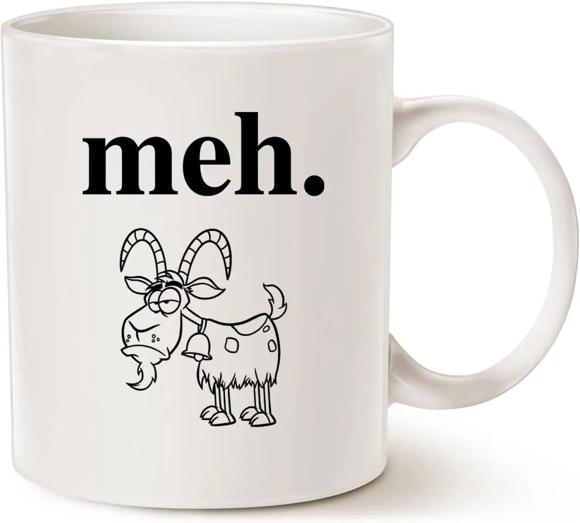 Tailorly White Ceramic 11 oz Mug - Meh Minimalist Black Outline Cartoon Character Featuring Horns And Small Neck Bell Goat