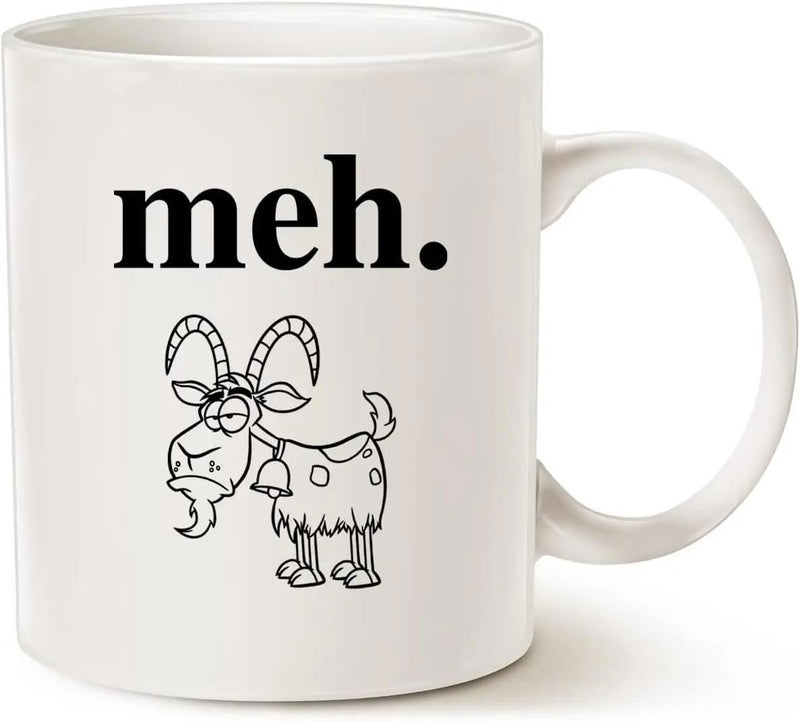 Tailorly White Ceramic 11 oz Mug - Meh Minimalist Black Outline Cartoon Character Featuring Horns And Small Neck Bell Goat
