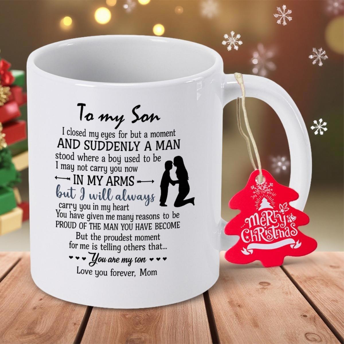 Tailorly White Ceramic 11 oz Mug - To My Son Love You Forever Mom Sentimental Script Lettering With Silhouette Figure Of A Mother And Young Child Mug