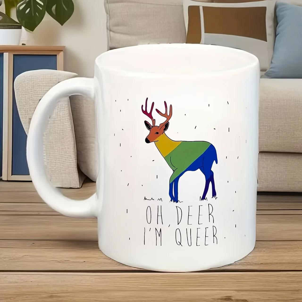 Tailorly White Ceramic 11 oz Mug - Oh Deer I'm Queer Rainbow Striped Body Standing Among Delicate Small Speckled Dots Decorative Deer