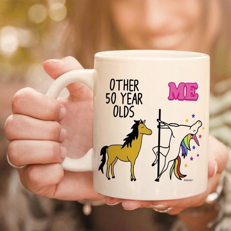 Tailorly White Ceramic 11 oz Mug - Other 50 Year Olds Me White Mythical Unicorn With Rainbow Hair Dancing Around A Pole Unicorn