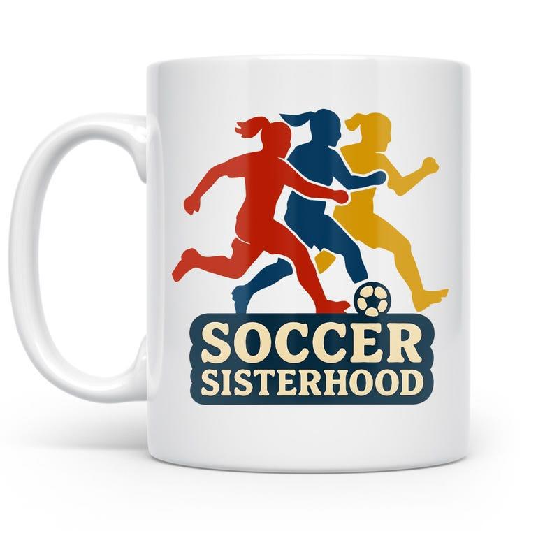 Tailorly White Ceramic 11 oz Mug - Soccer Sisterhood Dynamic Silhouettes Of Female Players Kicking Ball Among Action Soccer