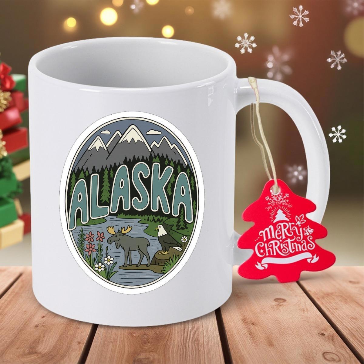 Tailorly White Ceramic 11 oz Mug - Alaska Majestic Snow Capped Mountains With Wild Eagle Among Pine Trees Moose