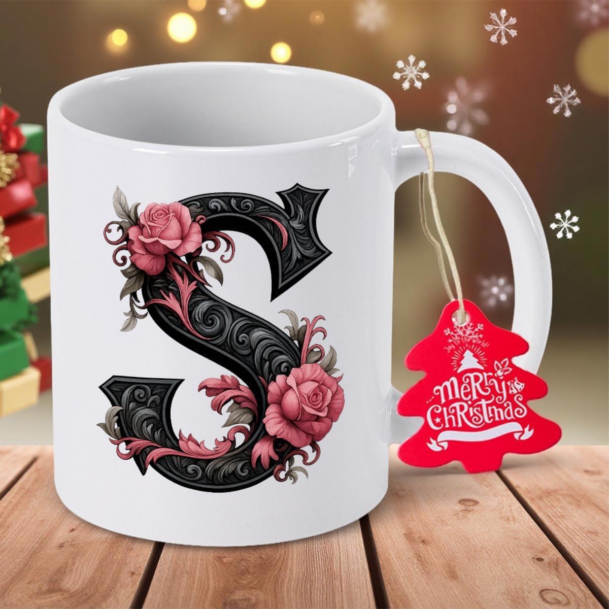 Tailorly White Ceramic 11 oz Mug - Merry Christmas Ornate Black Gothic Letter S Decorated With Elegant Blooming Pink Roses Letter