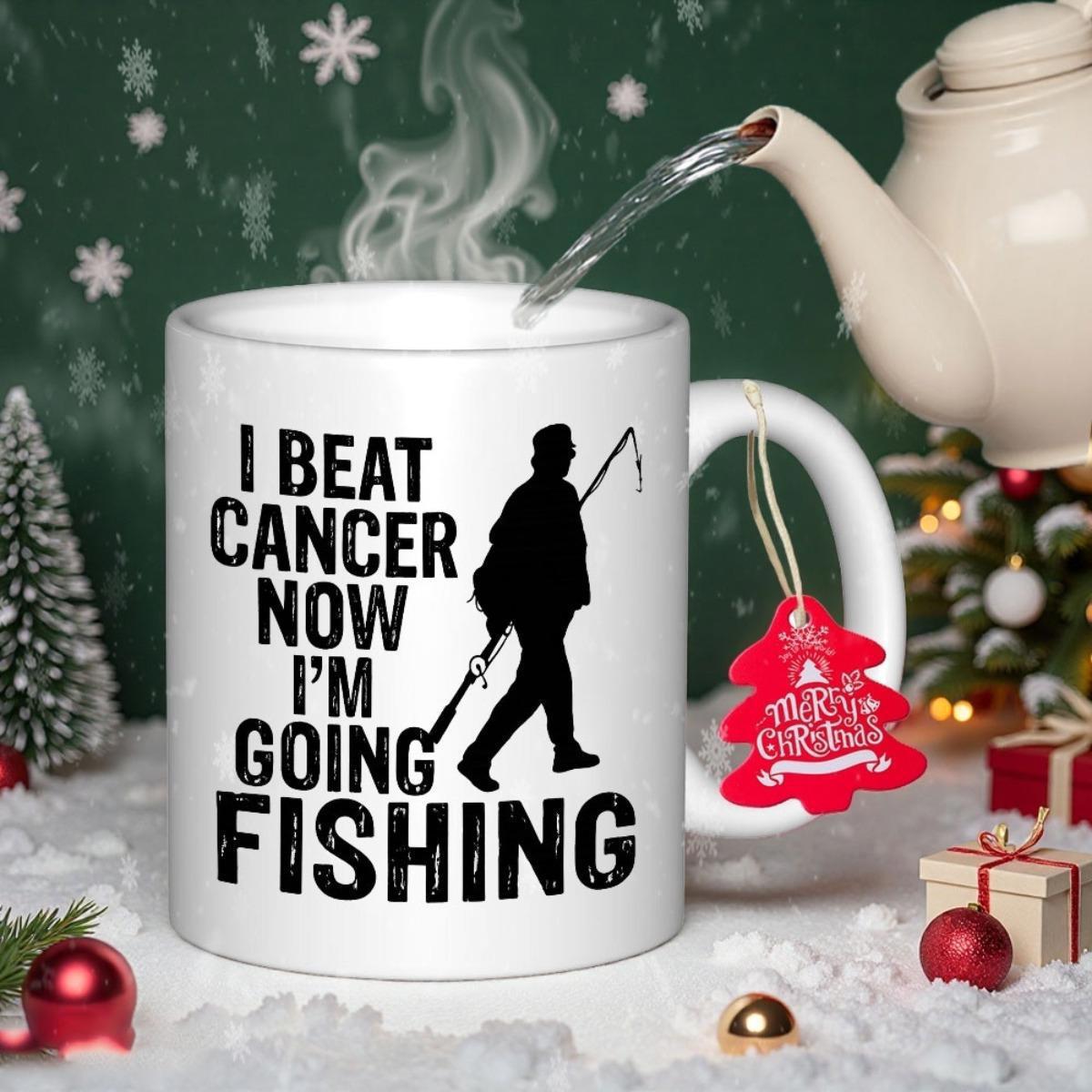 Tailorly White Ceramic 11 oz Mug - I Beat Cancer Now I'M Going Fishing Walking Outdoors Carrying A Fishing Rod Under A Clear Serene Sky Fisherman