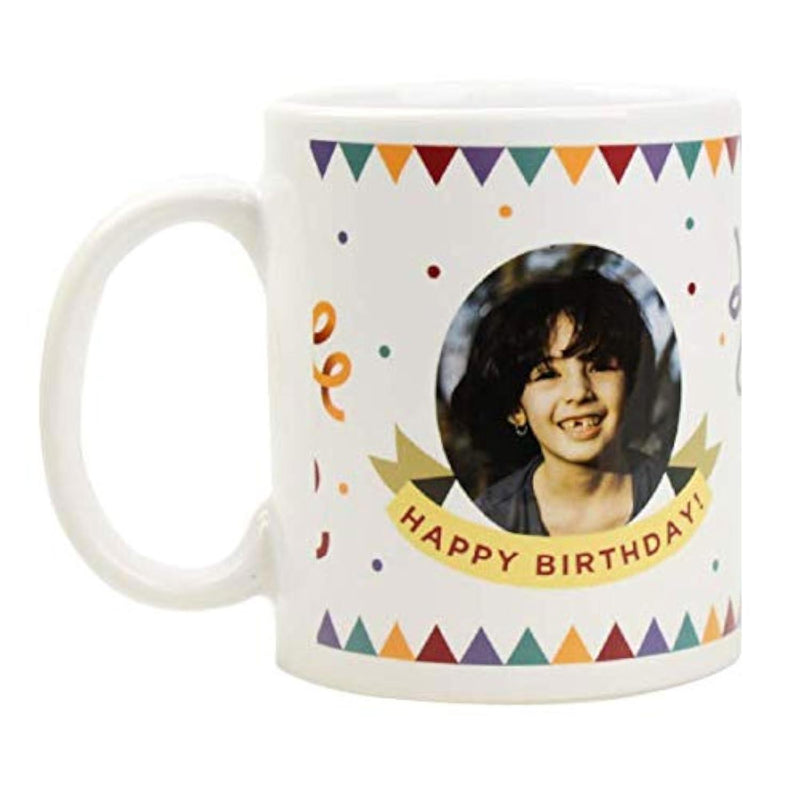 Tailorly White Ceramic 11 oz Mug - Happy Birthday Festive Colorful Bunting And Confetti Around A Circular Child Portrait
