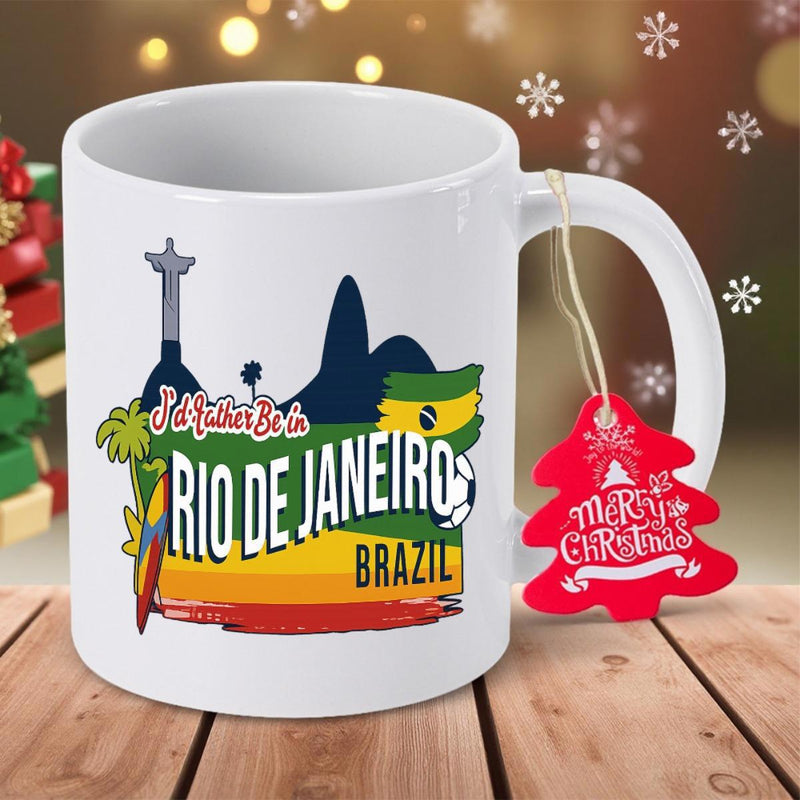 Tailorly White Ceramic 11 oz Mug - I'd Rather Be In Rio De Janeiro Brazil Famous Landmarks With Palm Trees And Soccer Ball Under Tropical Sunset Brazil