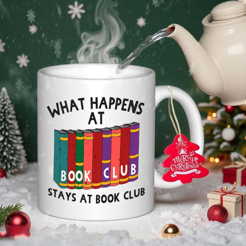 Tailorly White Ceramic 11 oz Mug - What Happens At Book Club Stays At Book Club Vibrant Row Of Colorful Books Standing Together On A Literary Shelf Book