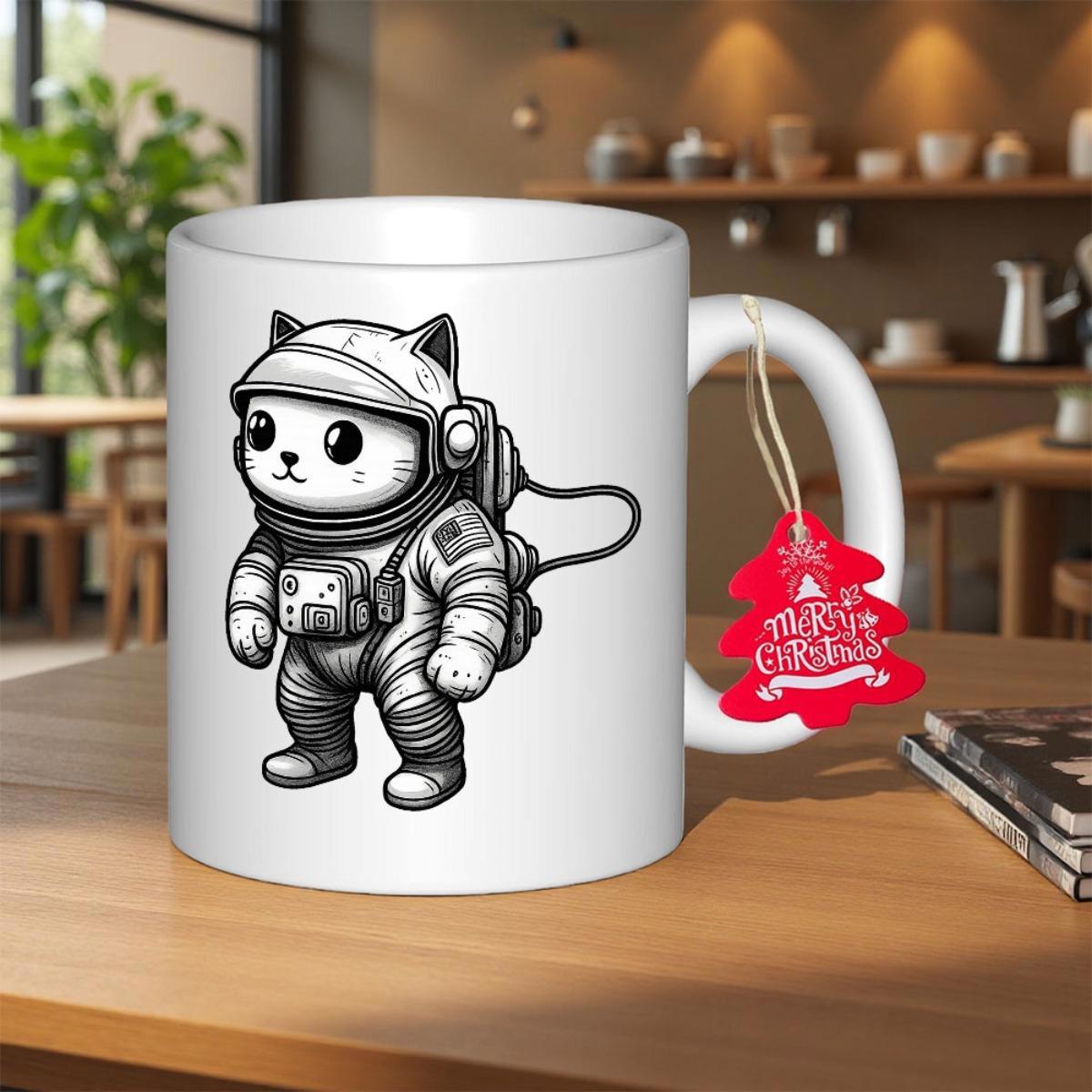 Tailorly White Ceramic 11 oz Mug - Merry Christmas Cute Cartoon Character Wearing Detailed Monochrome Protective Outer Space Exploration Suit Cat