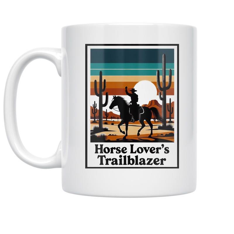 Tailorly White Ceramic 11 oz Mug - Horse Lover's Trailblazer Silhouette Cowboy Riding Through Arid Desert Landscape With Tall Saguaro Cactus Horse