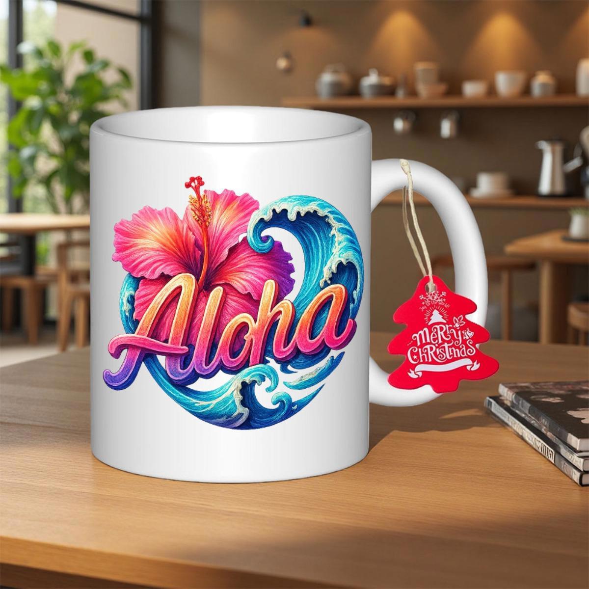 Tailorly White Ceramic 11 oz Mug - Aloha Tropical Pink Hibiscus Flower Resting On Vibrant Blue Swirling Ocean Wave Mug