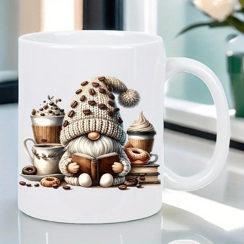 Tailorly White Ceramic 11 oz Mug - Adorable Coffee Loving Gnome Reading A Book Among Sweets And Warm Drinks Gnome