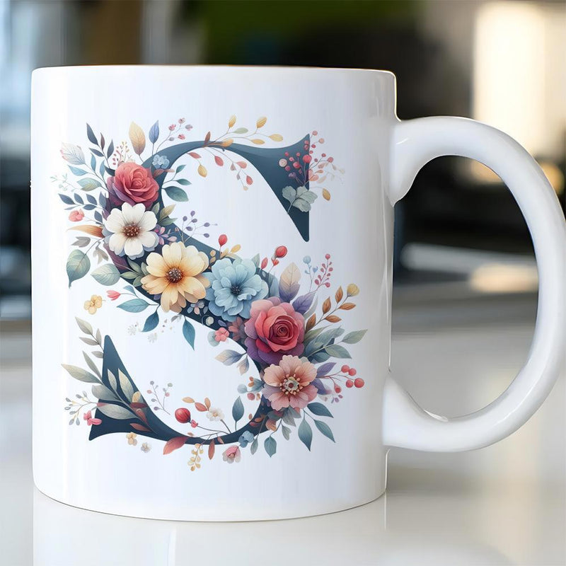 Tailorly White Ceramic 11 oz Mug - S Vibrant Colorful Flowers And Leaves Intertwined With Elegant Serif Letter