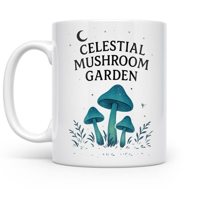 Tailorly White Ceramic 11 oz Mug - Celestial Mushroom Garden Enchanting Blue Fungi Growing Under Crescent Moon And Sparkling Stars Mushroom