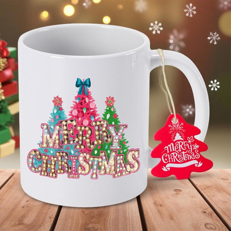 Tailorly White Ceramic 11 oz Mug - Merry Christmas Three Colorful Trees With Leopard Print Patterns And Festive Lettering Christmas Tree