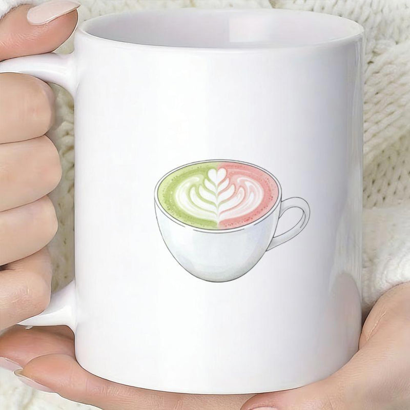 Tailorly White Ceramic 11 oz Mug - Artistic Bicolor Latte Art With Green And Pink Swirl Design Coffee Cup