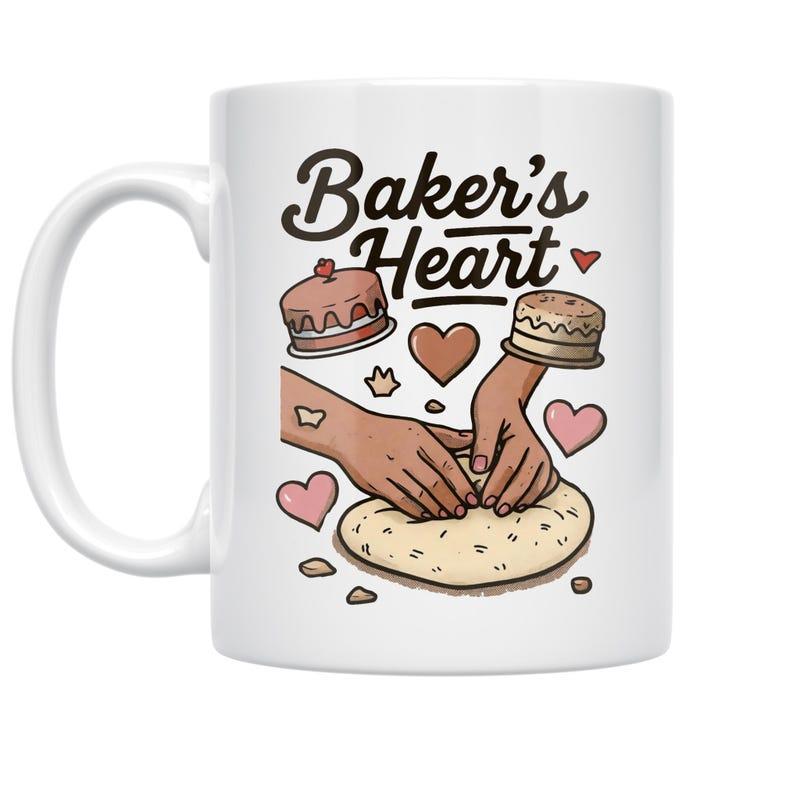 Tailorly White Ceramic 11 oz Mug - Bakers Heart Skilled Hands Kneading Soft Dough Among Delicious Cakes And Pink Hearts Dough