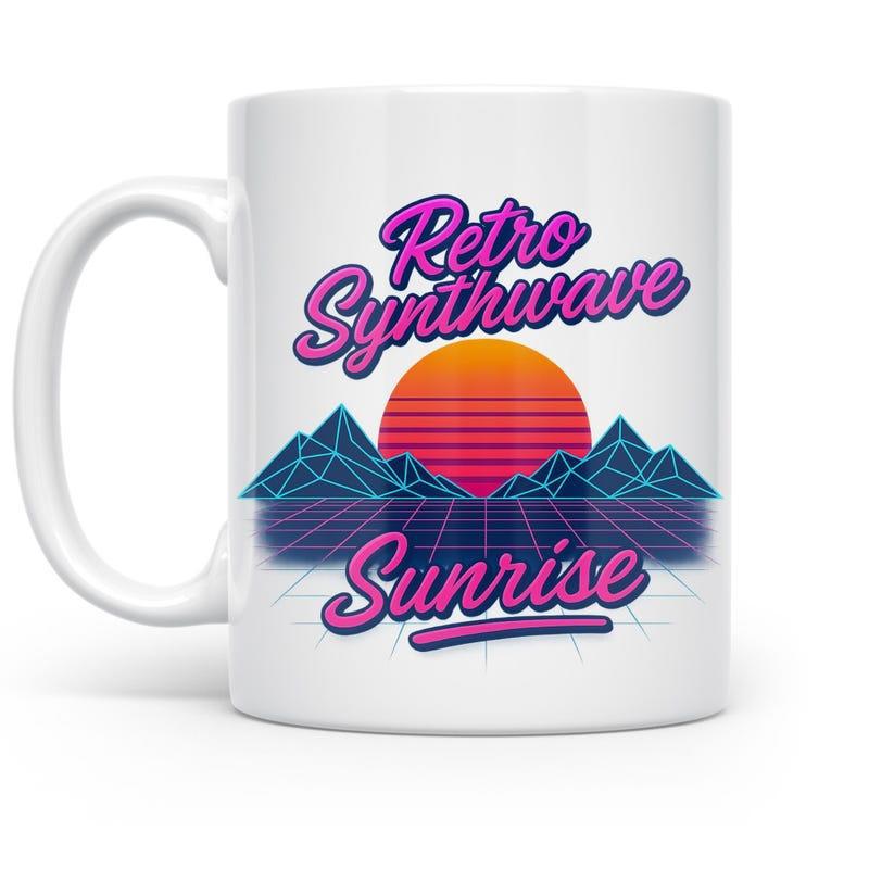 Tailorly White Ceramic 11 oz Mug - Retro Synthwave Sunrise Vibrant Neon Grid Mountains Behind A Striped Retro Sunrise