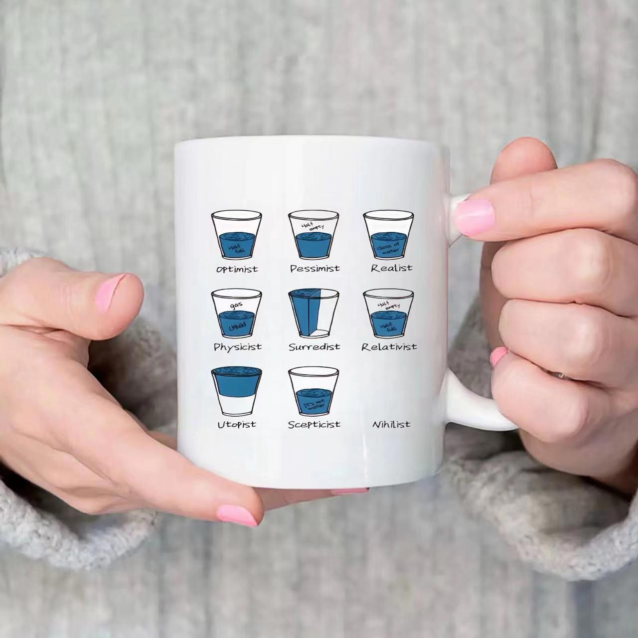 Tailorly White Ceramic 11 oz Mug - Optimist Pessimist Realist Physicist Surrealist Relativist Utopian Skeptic DADAist Minimalist Scientific Diagrams Illustrating