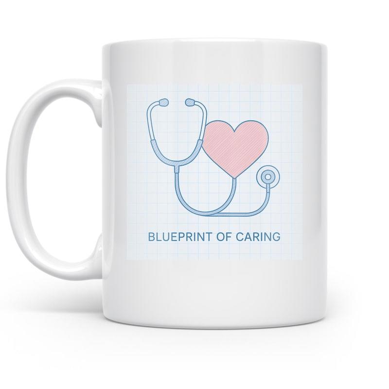 Tailorly White Ceramic 11 oz Mug - Blueprint Of Caring Minimalist Blue Stethoscope Forming Heart Shape Over Delicate Grid Pattern Stethoscope