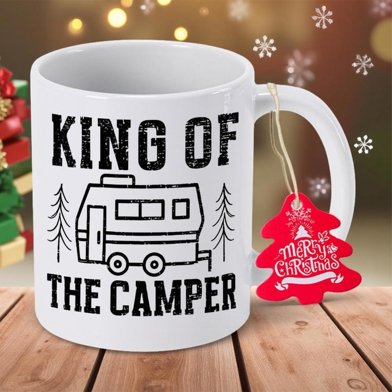 Tailorly White Ceramic 11 oz Mug - King Of The Camper Vintage Style Trailer Parked Between Two Minimalist Pine Trees Camper
