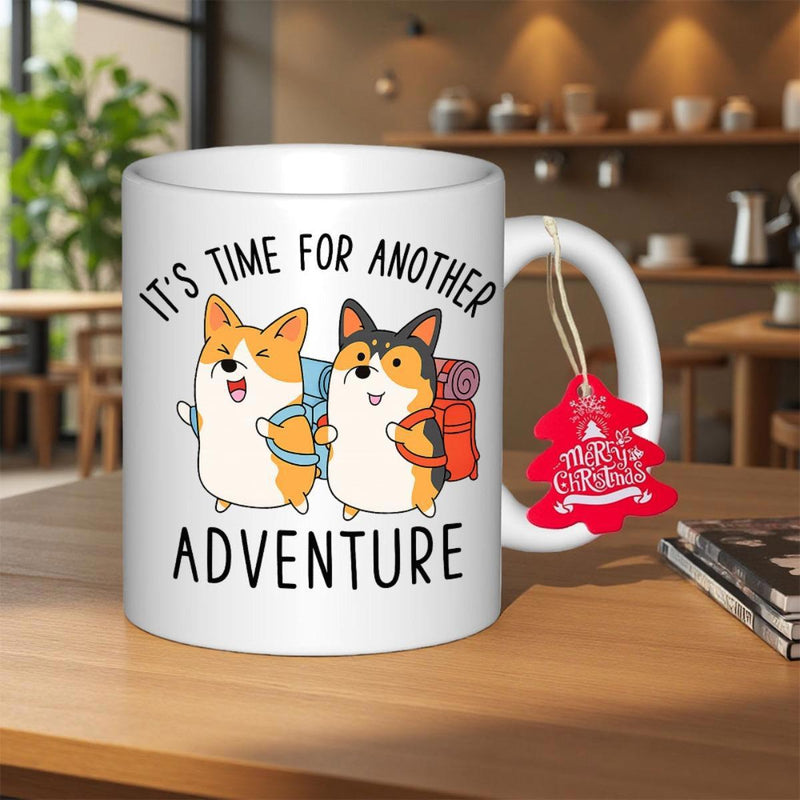 Tailorly White Ceramic 11 oz Mug - Its Time For Another Adventure Two Adorable Cartoon Corgis Wearing Colorful Backpacks Ready For A Journey Corgi