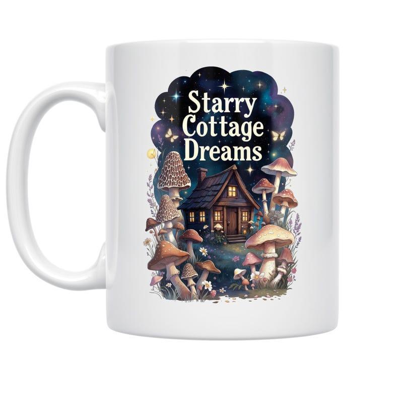 Tailorly White Ceramic 11 oz Mug - Starry Cottage Dreams Charming Small Cabin Nestled Amidst Large Enchanting Forest Mushrooms Under A Glimmering Sky Cottage