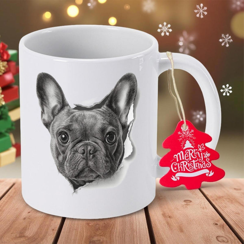 Tailorly White Ceramic 11 oz Mug - Merry Christmas Detailed Monochrome Sketch Of A Realistic Dog Head With Pointed Ears French Bulldog
