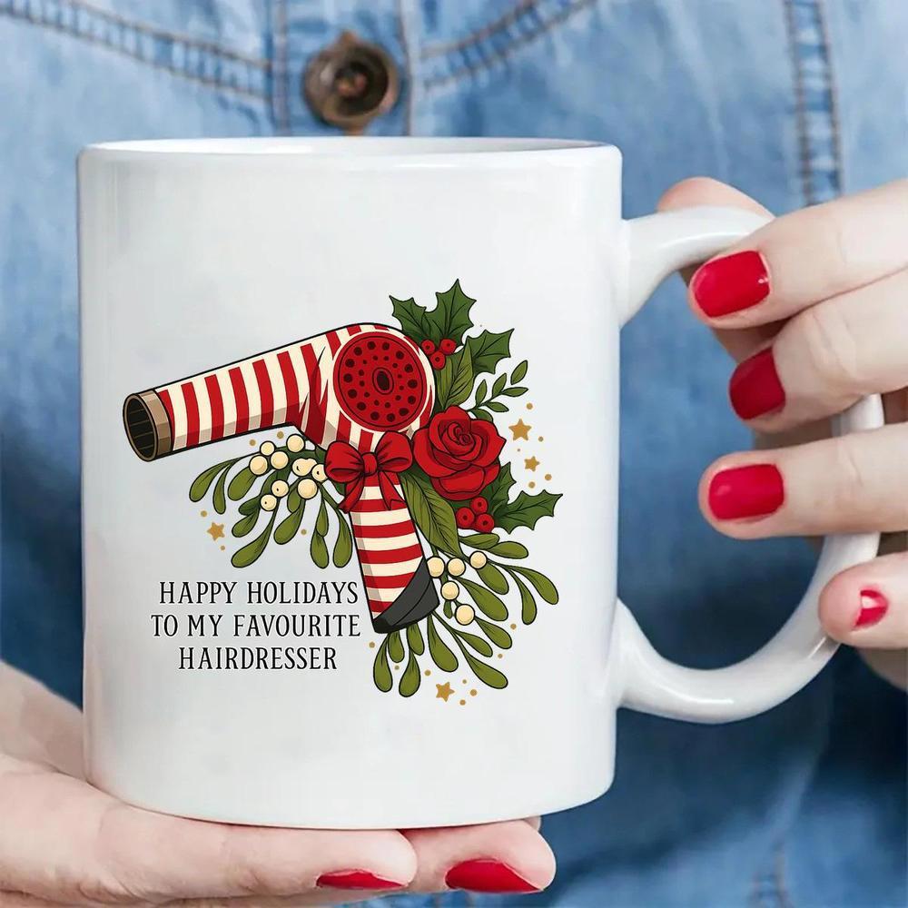 Tailorly White Ceramic 11 oz Mug - Happy Holidays To My Favourite Hairdresser Festive Candy Cane Striped Tool Among Roses And Greenery Hairdryer