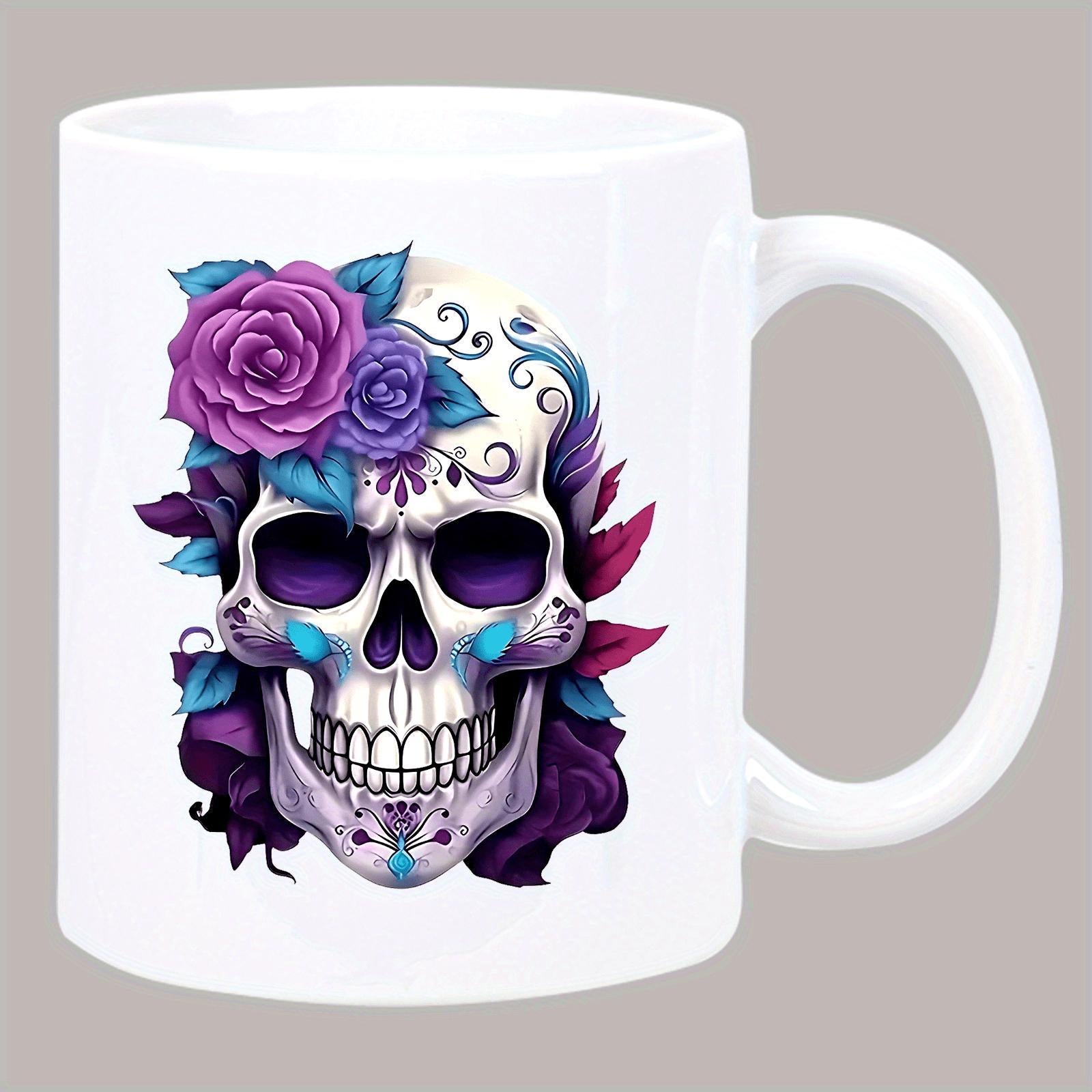 Tailorly White Ceramic 11 oz Mug - Vibrant Purple Roses And Teal Leaves Adorning A Decorative Artistic Skull