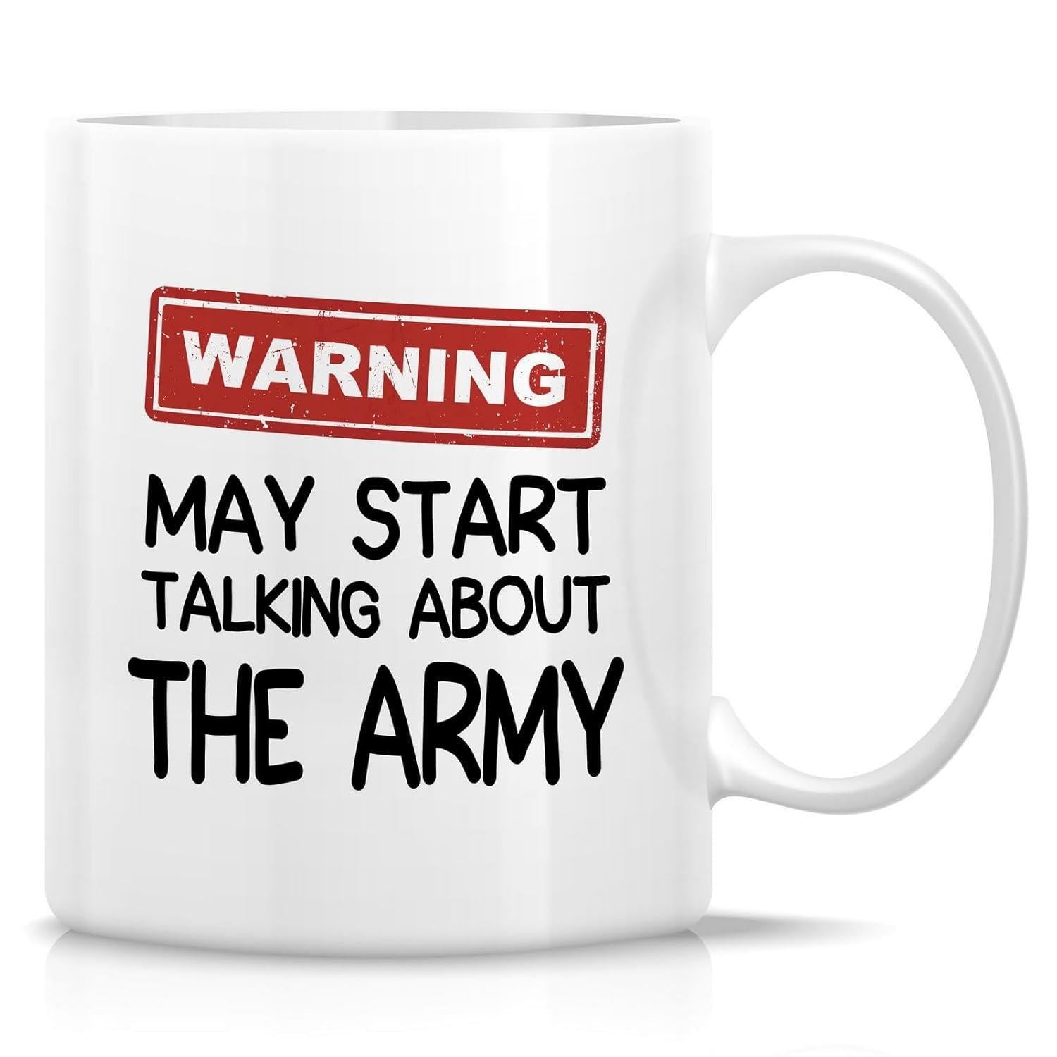 Tailorly White Ceramic 11 oz Mug - Warning May Start Talking About The Army Bold Red Distressed Warning Box Featuring Textured Minimalist Hand Drawn Aesthetic Mug