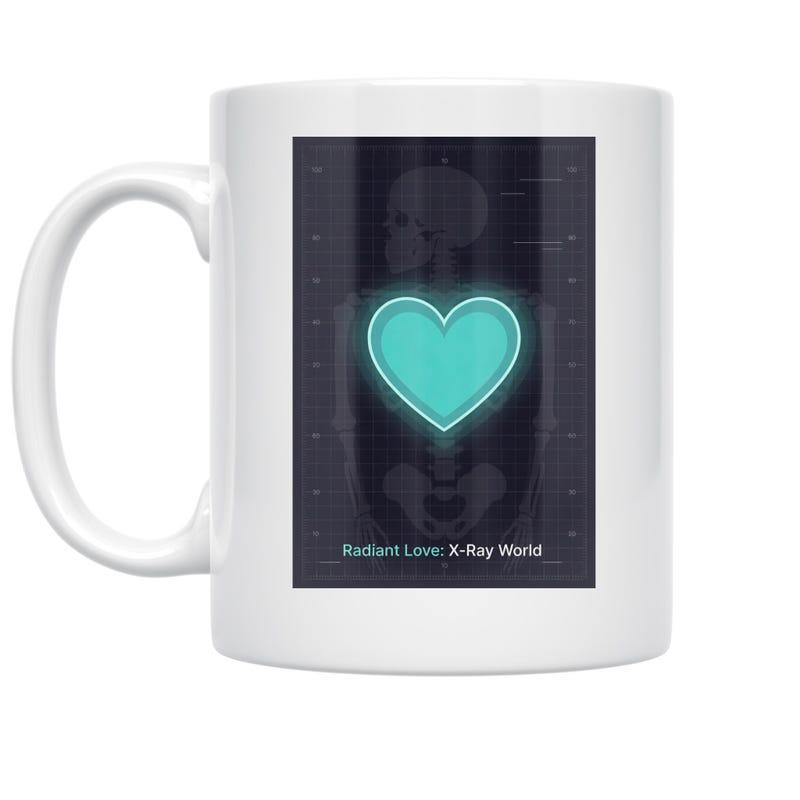 Tailorly White Ceramic 11 oz Mug - Radiant Love X Ray World Glowing Cyan Heart Within A Dark Realistic Human Skeleton Torso Heart
