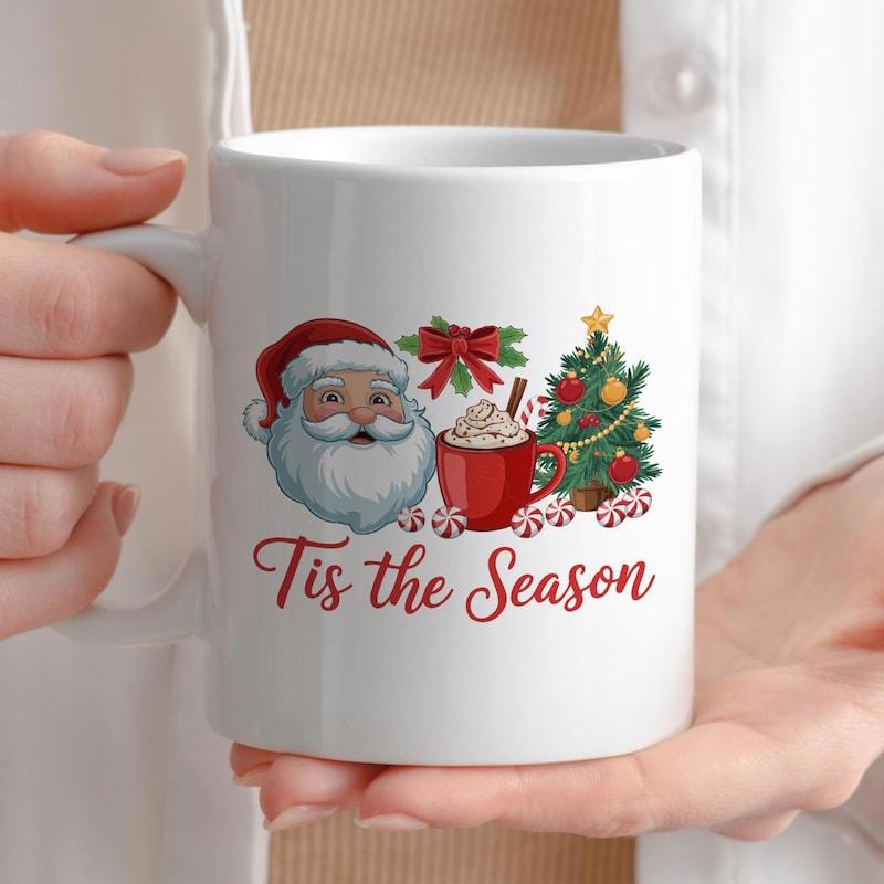 Tailorly White Ceramic 11 oz Mug - Tis The Season Classic Red Hat Jolly Santa With Festive Holiday Christmas Tree Santa Claus