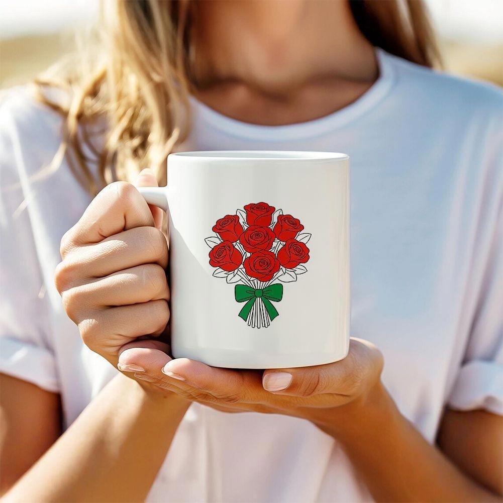 Tailorly White Ceramic 11 oz Mug - Vibrant Red Roses In Full Bloom Tied With Green Ribbon Bow Bouquet