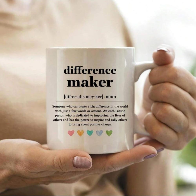 Tailorly White Ceramic 11 oz Mug - Difference Maker Minimalist Row Of Small Colorful Pastel Hearts In Center Heart