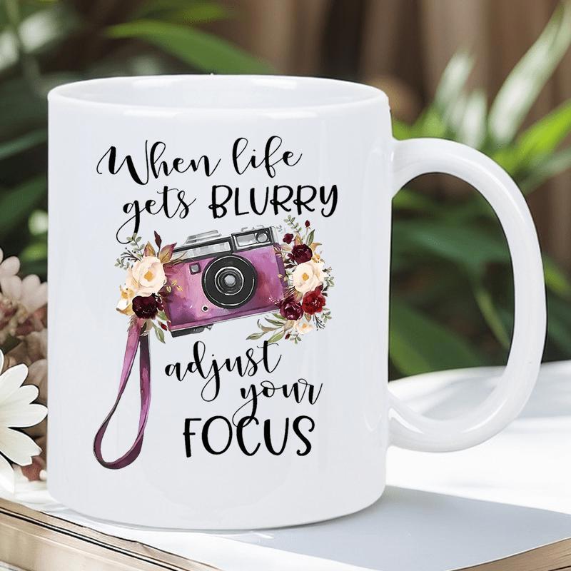 Tailorly White Ceramic 11 oz Mug - When Life Gets Blurry Adjust Your Focus Vintage Aesthetic Purple Device Adorned With Elegant Dark Floral Blooms Camera