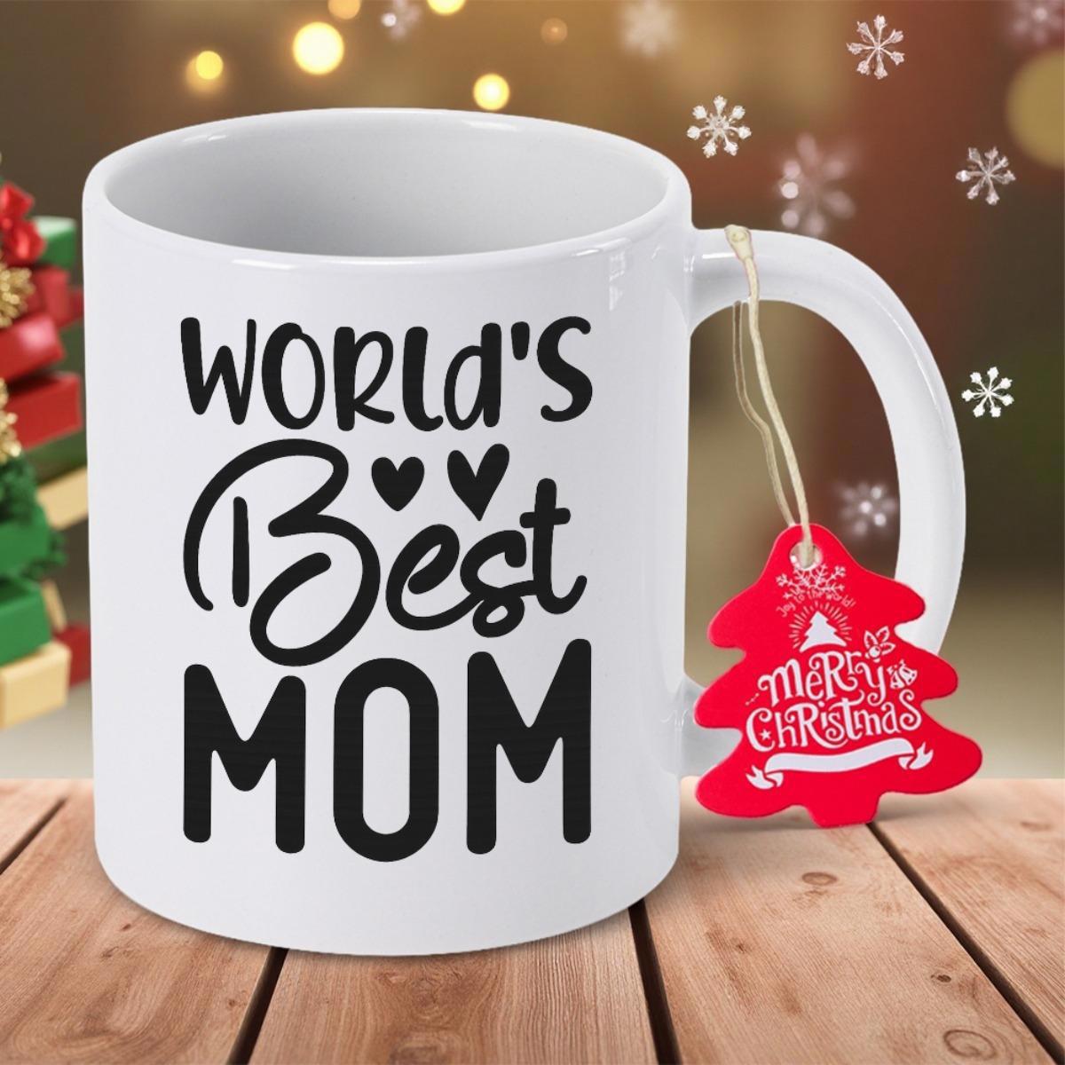Tailorly White Ceramic 11 oz Mug - Worlds Best Mom Minimalist Bold Black Lettering Featuring Two Small Decorative Hearts Pattern Mug