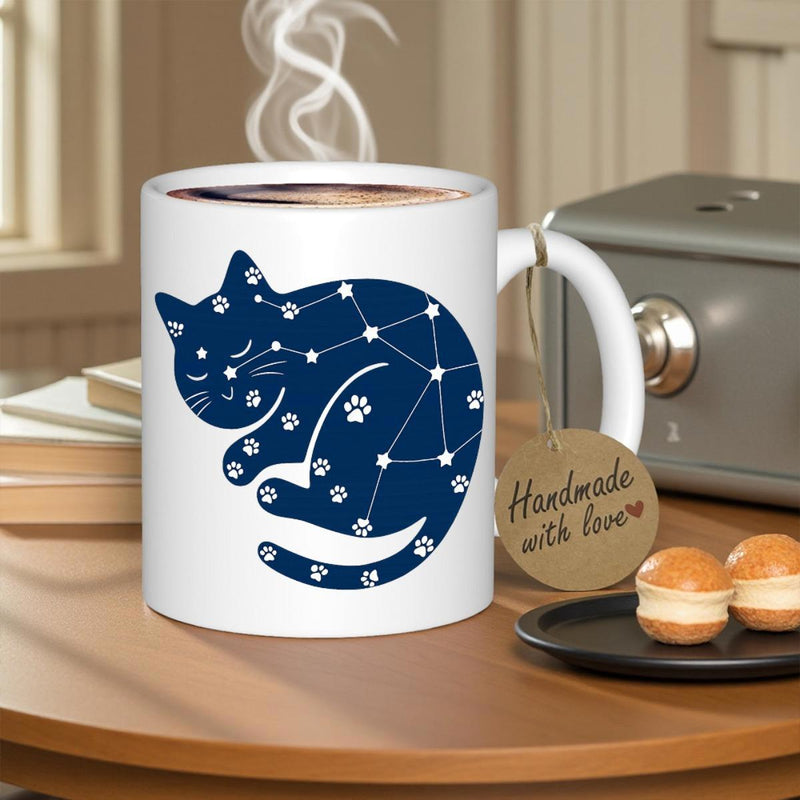 Tailorly White Ceramic 11 oz Mug - Handmade With Love Celestial Sleeping Silhouette With Constellation Lines And Small Paw Prints Cat