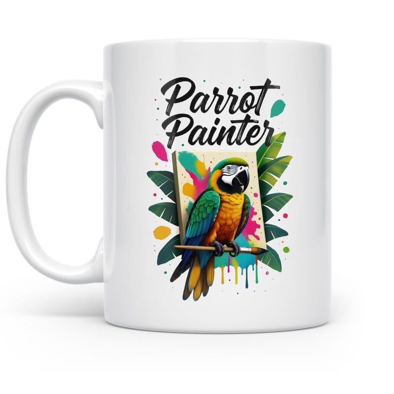 Tailorly White Ceramic 11 oz Mug - Parrot Painter Vibrant Macaw Sitting Before Colorful Canvas Among Lush Tropical Leaves Parrot