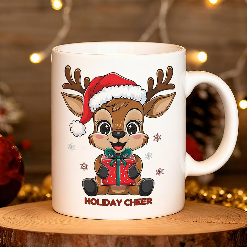 Tailorly White Ceramic 11 oz Mug - Holiday Cheer Adorable Festive Deer Wearing Santa Hat Holding Bright Christmas Gift Reindeer