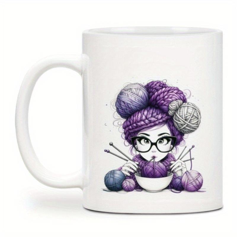 Tailorly White Ceramic 11 oz Mug - Adorable Girl With Purple Yarn Bun Hair Wearing Glasses And Knitting Girl