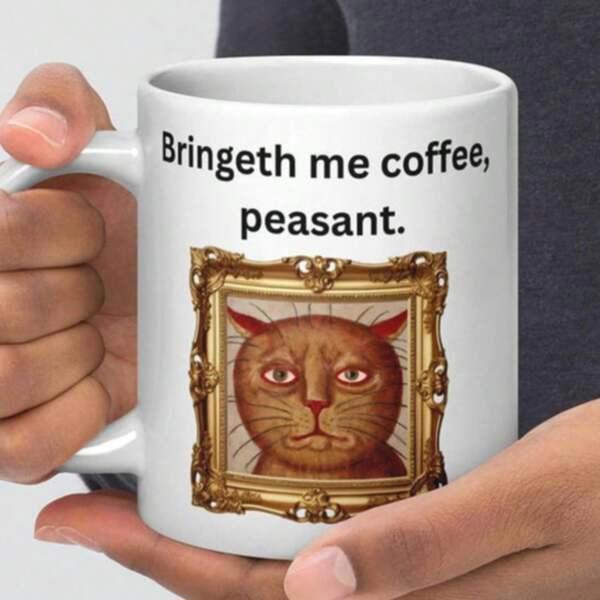 Tailorly White Ceramic 11 oz Mug - Bringeth Me Coffee Peasant Vintage Ornate Gold Frame Showcasing A Grumpy Medieval Portrait Style Cat