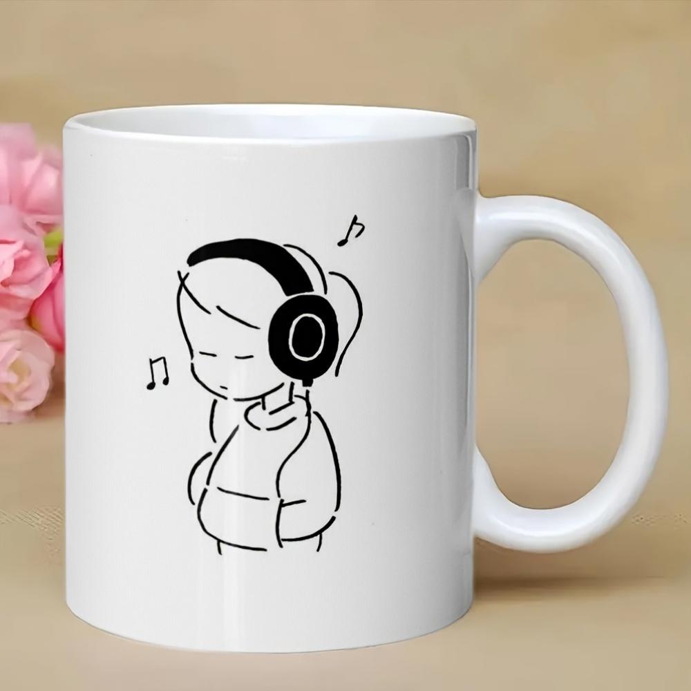 Tailorly White Ceramic 11 oz Mug - Minimalist Artistic Line Drawing Featuring A Calm Youth Wearing Large Headphones Girl