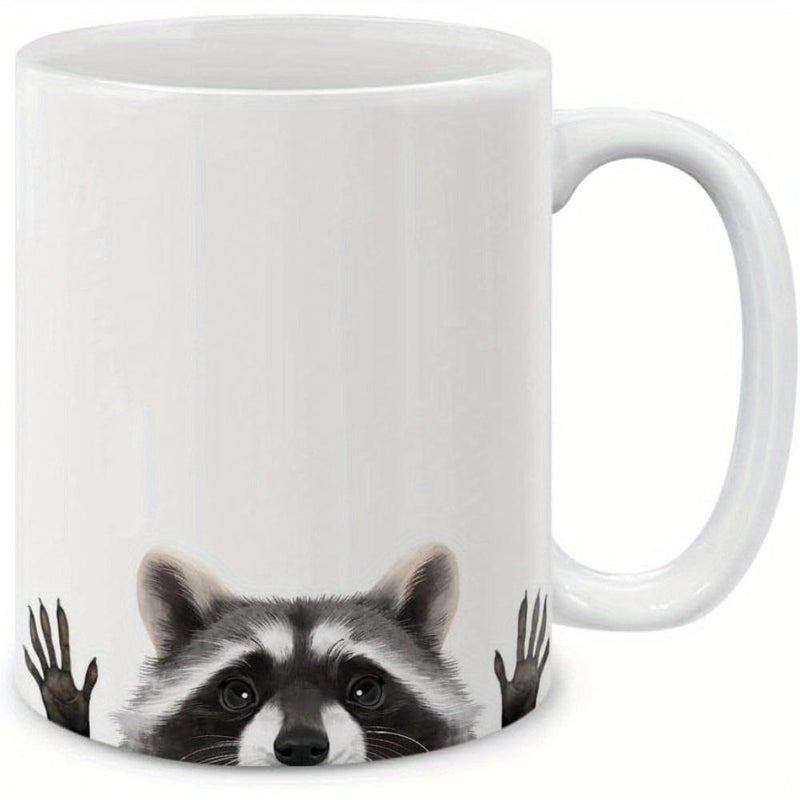 Tailorly White Ceramic 11 oz Mug - Curious Furry Peeking Animal With Tiny Paws Raised From The Bottom Raccoon