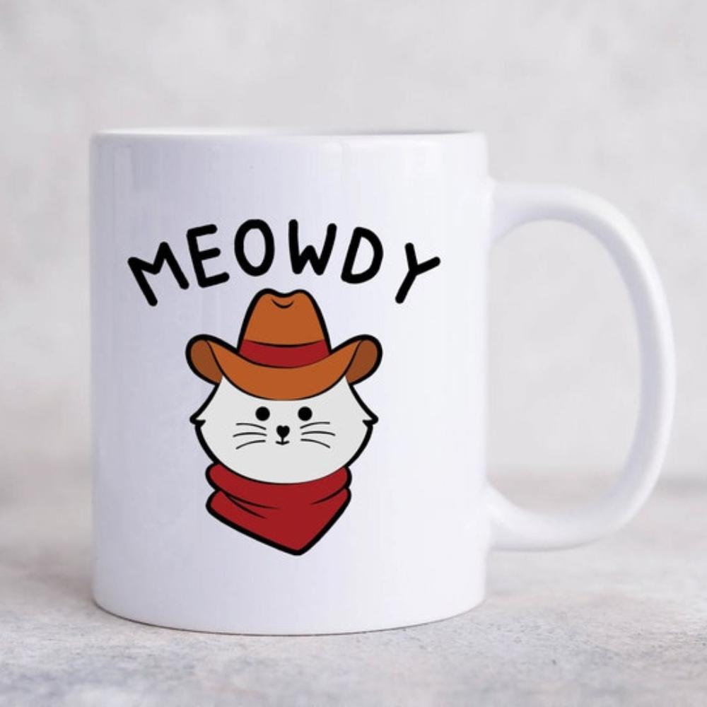 Tailorly White Ceramic 11 oz Mug - Meowdy Cute White Feline Wearing Brown Western Hat And Red Bandana Cat